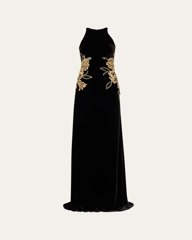 Waist Applique Velvet Halter Gown